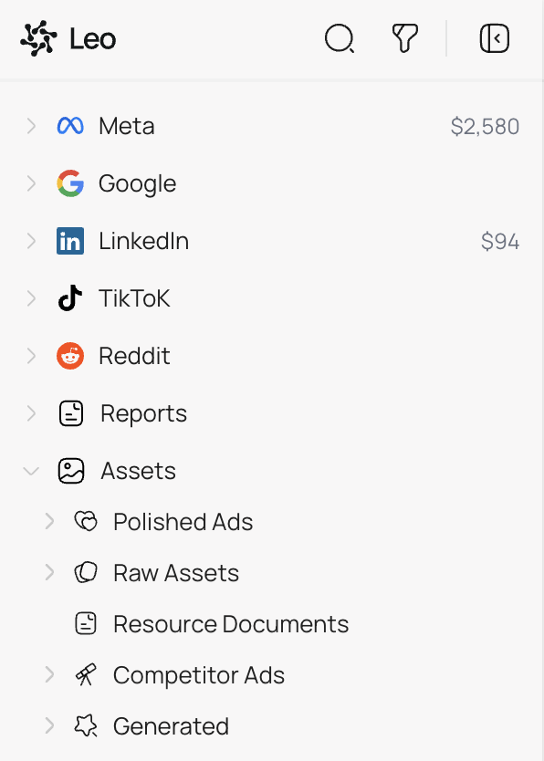 Assets tree in the sidebar