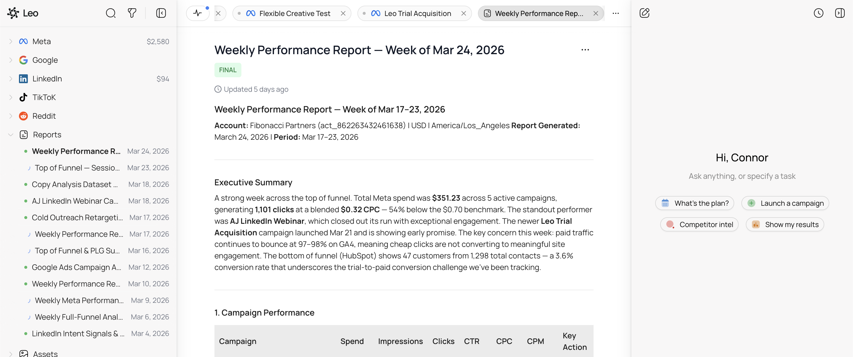 A generated performance report in Leo