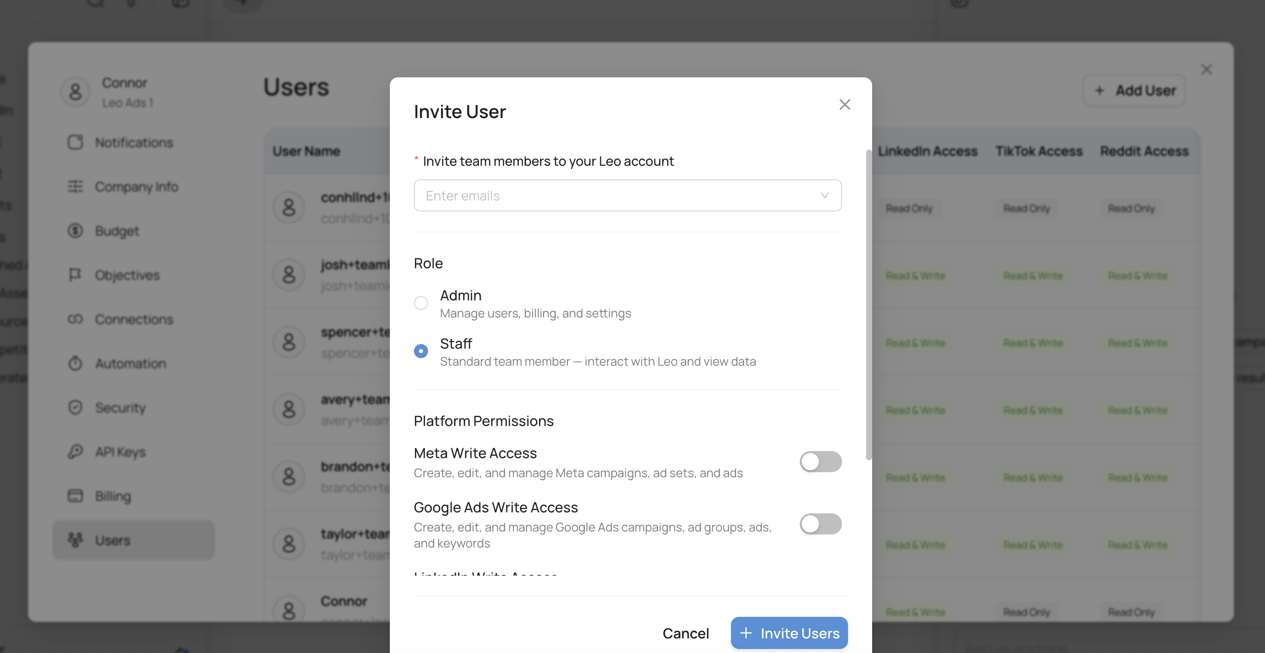 Invite User modal