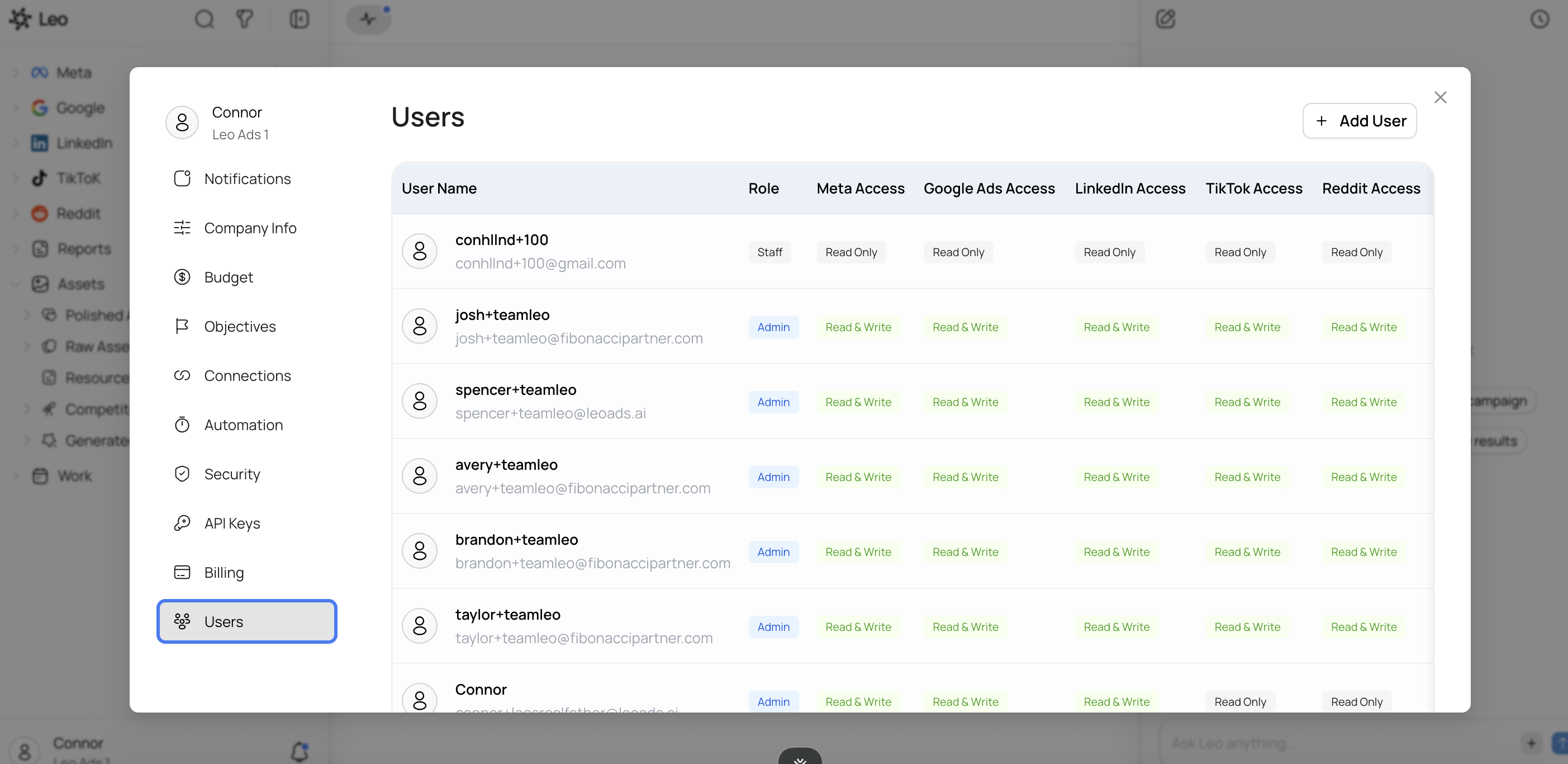 Users list in Leo settings