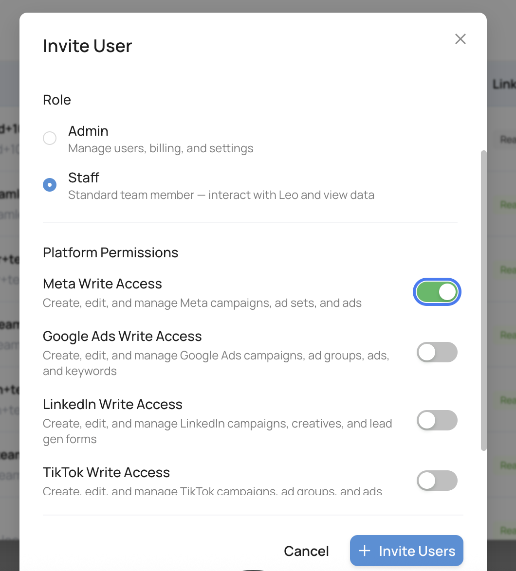 Platform permission toggles